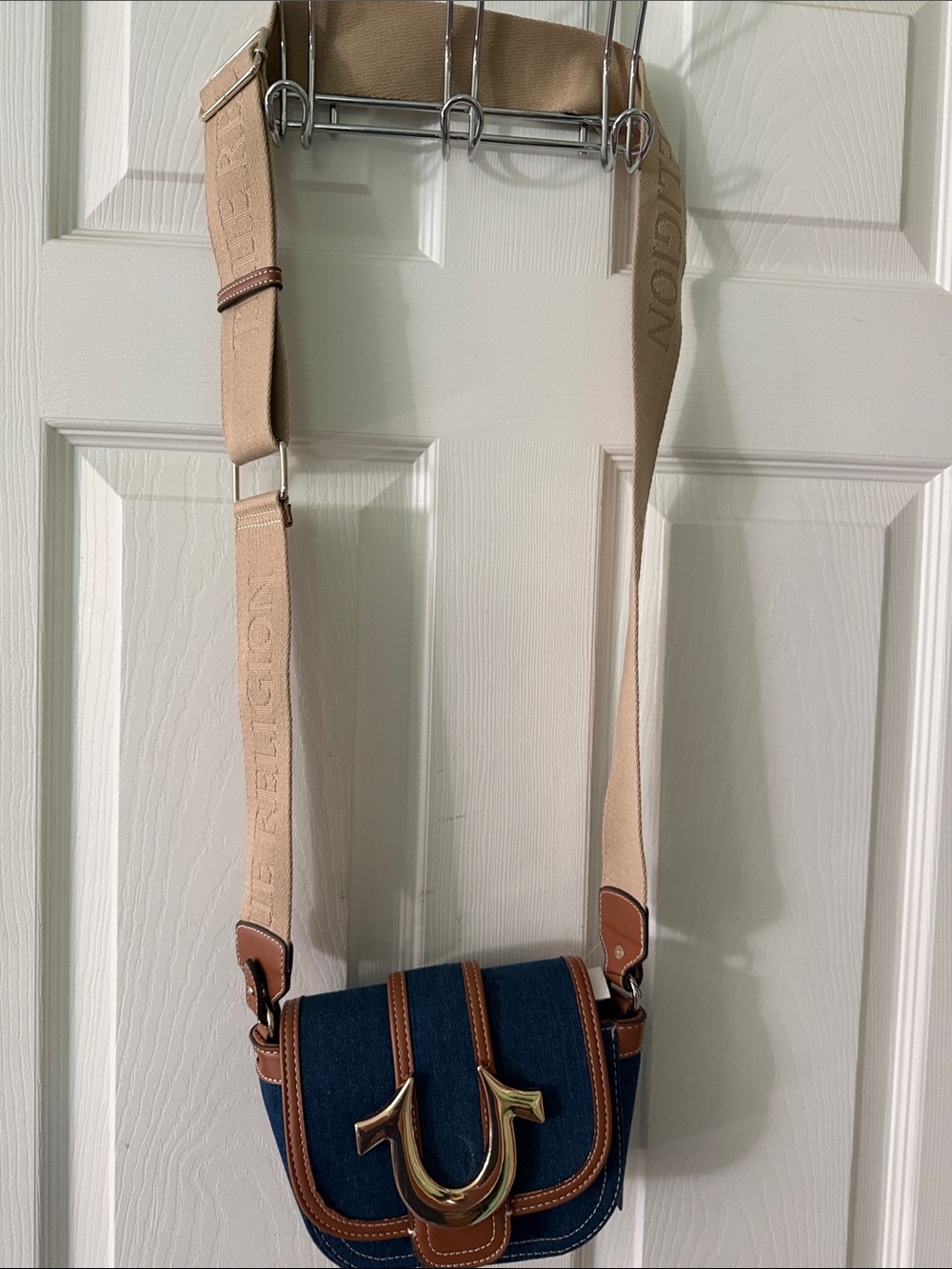 True Religion Denim Crossbody with Tan Leather Trim